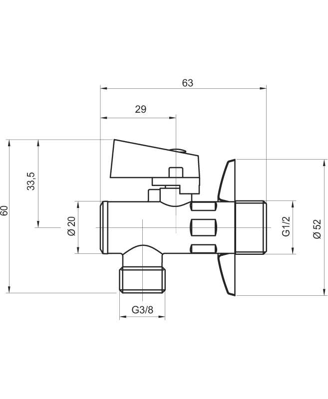Rohový ventil s filtrem, krytkou a kovovou pákou 1/2x3/8