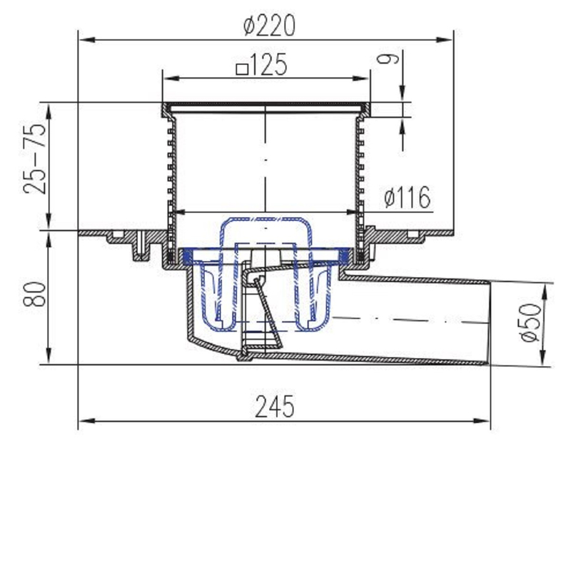 Podlahová vpusť boční univerzální PVBU50 DN50 120 x 120 mm nerezová mřížka 381 A