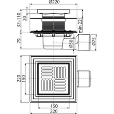 Podlahová vpust Alcadrain (Alcaplast) 150 x 150/50/75 mm boční, mřížka nerez, nerezová příruba a límec 2. úrovně izolace, vodní a suchá zápachová uzávěra APV3444