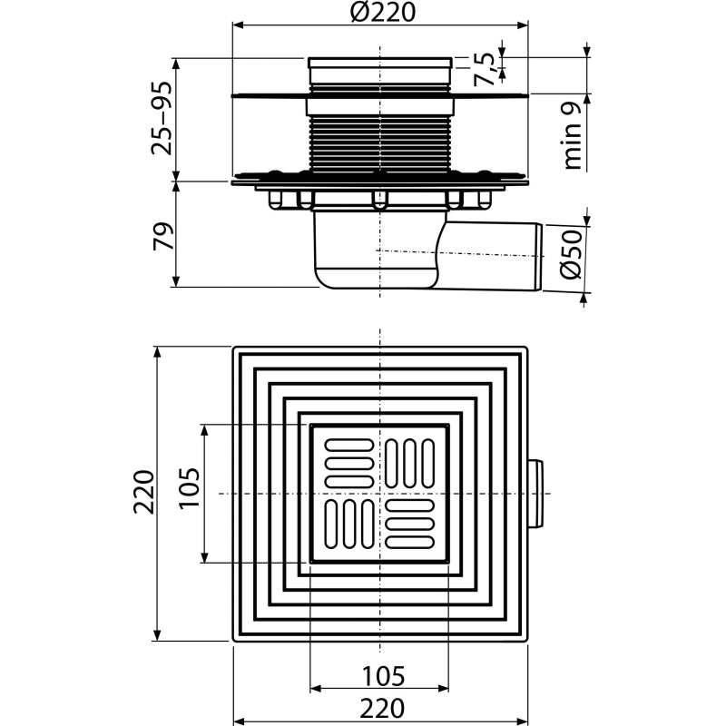 Podlahová vpust Alcadrain (Alcaplast) 105 x 105/50 mm boční, mřížka nerez, nerezová příruba a límec 2. úrovně izolace, kombinovaná zápachová uzávěra SMART APV1324