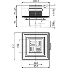Podlahová vpust Alcadrain (Alcaplast) 105 x 105/50 mm boční, mřížka nerez, nerezová příruba a límec 2. úrovně izolace, kombinovaná zápachová uzávěra SMART APV1324