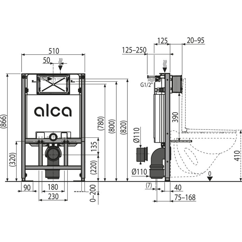 Předstěnový instalační systém Alcadrain (Alcaplast) pro suchou instalaci (do sádrokartonu) AM101/850
