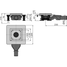 Podlahová vpust Alcadrain (Alcaplast) nerezová e x tra-nízká 130 x 130 mm boční, bez mřížky, Kombinovaná zápachová uzávěra SMART APV110