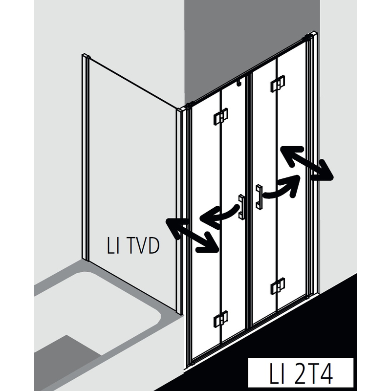 Dveře kyvné zalamovací 4-dílné Kermi Liga LI2T4 stříbrné vysoký lesk, čiré ESG sklo 120 x 200 cm