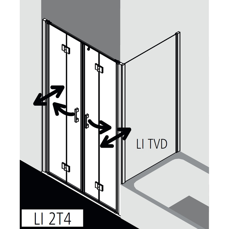 Dveře kyvné zalamovací 4-dílné Kermi Liga LI2T4 stříbrné vysoký lesk, čiré ESG sklo 145 x 200 cm